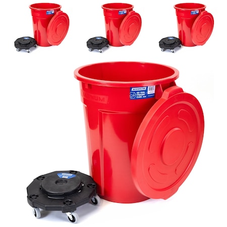 Magnum Tool Red 55 Gallon Trash Can Set (Trash Can, Quiet Dolly, and Reinforced Lid) (4 Set) CMTC-CLD0-55R04