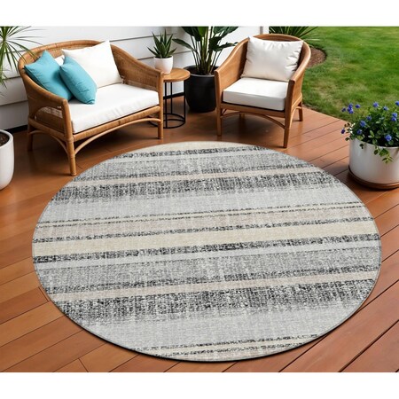 Homeroots 8' Black And Silver Round Striped Washable Indoor Outdoor Area Rug 632199