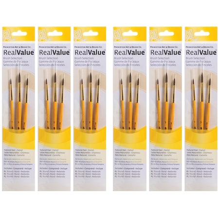 Princeton RealValue Round Brush Set, Camel Bristles, Short Handle Mixed Media Paintbrush, 3-Piece Set, 6PK PR9100