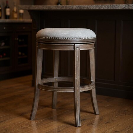 Homeroots 30" Gray and Oak Fabric and Solid Wood Backless Bar Height Swivel Bar Chair 632388