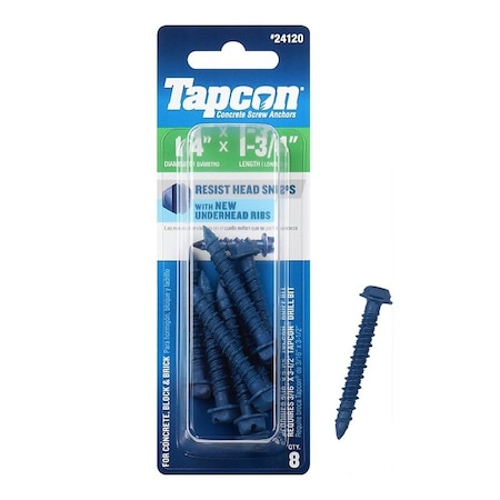 Tapcon Concrete Screw Anchor, 1/4 in Dia, 1-3/4 in L, Steel, Climaseal, 8/PK, 8PK 24120