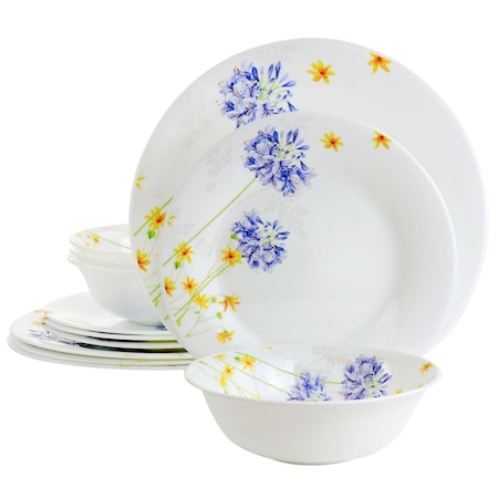 Gibson Ultra Violet Floral 12 Piece Tempered Opal Glass Dinnerware Set 97245.12