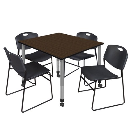 Regency Square Kee Mobile Adjustable Classroom Table W/ 4 Zeng Stack Chairs, 48 in W, 48 in L, Neo Walnut TB4848NWAPCGY44BK