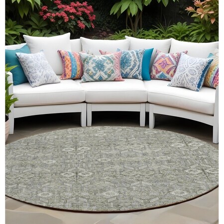 Homeroots 8' Round Cream and Tan Round Floral Washable Non Skid Indoor Outdoor Area Rug 564325