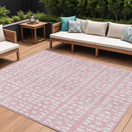 Homeroots 9' X 12' Pink And Ivory Geometric Washable Indoor Outdoor Area Rug 613799