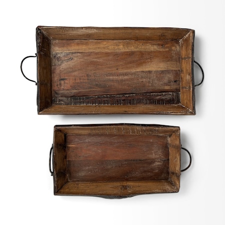 Homeroots Set of Two Brown Rectangular Wood Indoor Outdoor Serving Tray With Handles 376040