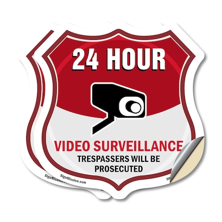 Signmission 24 Hour Surveillance Shield Sign Video S, 4 inch X 4 inch, Vinyl Decal, 2PK SHI-D-2PACK-4-348
