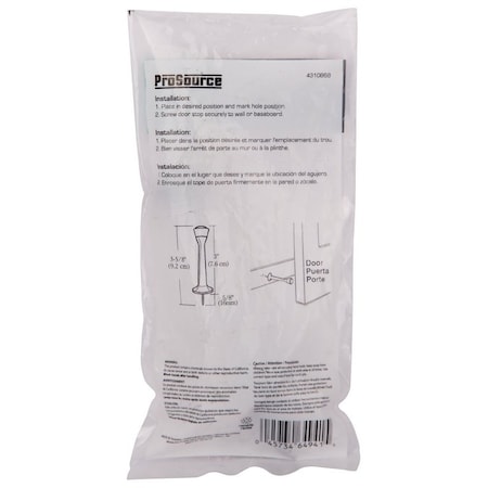 Prosource Heavy-Duty Rigid Door Stop, 1 in Dia Base, 3 in Projection, Die-Cast Zinc & Plastic CL-208P-VB-PS