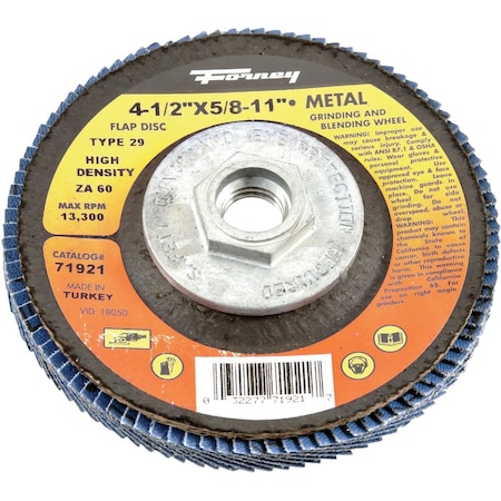 Forney 4-1/2'' x 5/8''-11 60-Grit Type 29 High Density Blue Zirconia Angle Grinder Flap Disc 71921