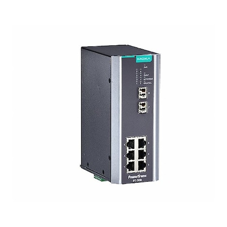 Moxa IEC 61850-3 managed Ethernet switch with 6 10/100BaseT(X) ports, and 2 100Bas PT-508-SS-LC-48