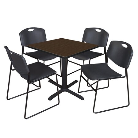 Regency Square Cain Breakroom Table W/ 4 Zeng Stack Chairs, 30 in W, 30 in L, Neo Walnut TB3030NW44BK