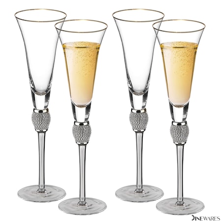 Dinewares 4 Piece Elegant Crystal Set Wedding Champagne Glasses with Diamond Rhinestone Accents and a QI004759.SI.4
