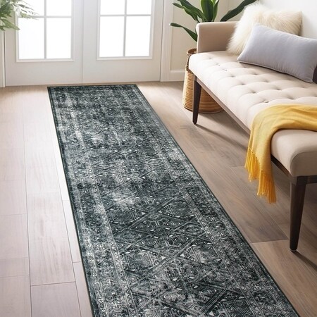World Rug Gallery Transitional Bohemian Distressed Washable Non Slip Runner Rug 2 ft x 8 ft Black WR70BLACK2X8
