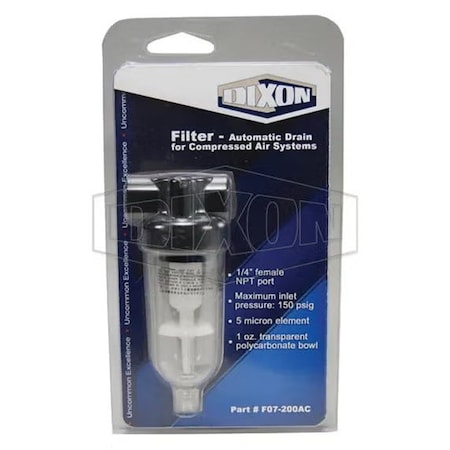 Dixon Compact Design Carded Miniature Compressed Air Filter with Automatic Drain, 1/4 in Port, 24 SCFM, 5 F07-200AC