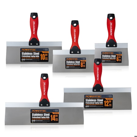 Powertec Drywall Knife Set, Stainless Steel Taping Knives, 6in, 8in, 10in, 12in, 14in - 5pcs 72174