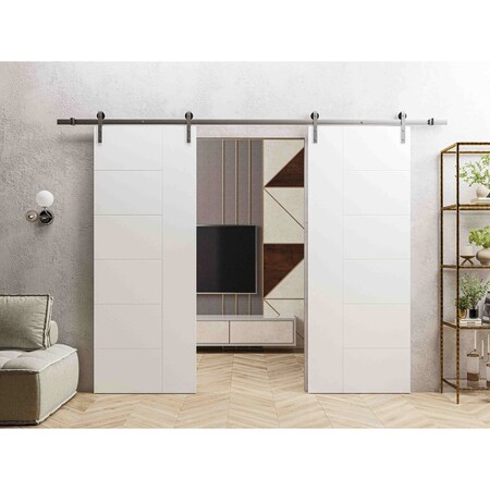 Vdomdoors Modern Double Barn Door 60" x 96" inches / Mela 0716 Painted White / 13FT Silver Rail Track Set / S MELA0716DB-S-BEM-6096