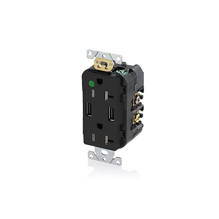 Leviton USB Receptacle, 20 A, 1 hp, Black, PBT T5832-HGE