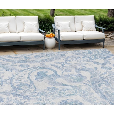 Homeroots 10' X 14' Sky Blue Denim Blue And Ivory Paisley Washable Indoor Outdoor Area Rug 588665