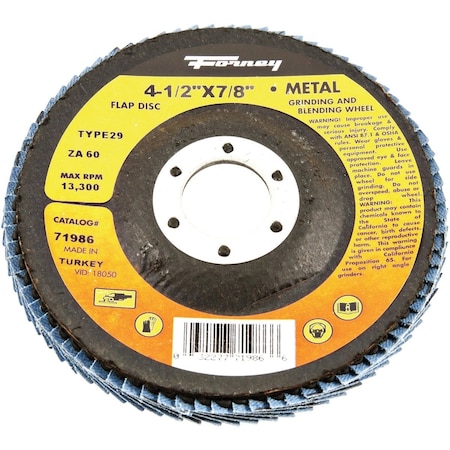Forney 4-1/2'' x 7/8'' 60-Grit Type 29 Blue Zirconia Angle Grinder Flap Disc 71986