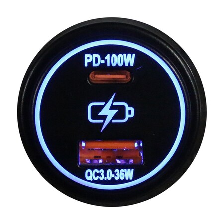Race Sport Lighting Round Socket Auxiliary Charging Port with C-Type PD 100W + A-Type USB3.0 36W Blue Indigo LED RS51927B
