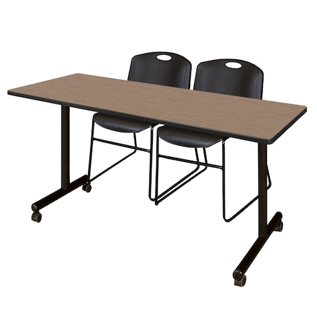 Regency Kobe Mobile T-Base Training Table W/ 2 Zeng Stack Chairs, 60 in W, 24 in L, Noble Oak MKTRCC6024NO44BK