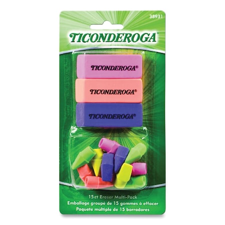 Ticonderoga Neon Eraser Multipack, For Pencil Marks, 12 End-Cap Erasers, 3 Block Erasers, Assorted Colors X38931