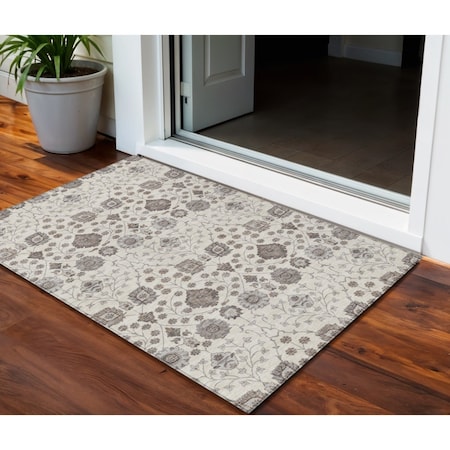 Homeroots 3' X 5' Ivory Brown And Gray Floral Washable Indoor Outdoor Area Rug  605425