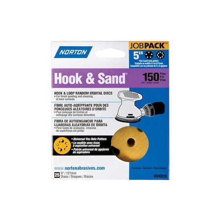 Norton Sanding Disc, 5 in Dia, Coated, P150 Grit, Fine, Aluminum Oxide Abrasive, Paper Backing, 25PK 07660704059