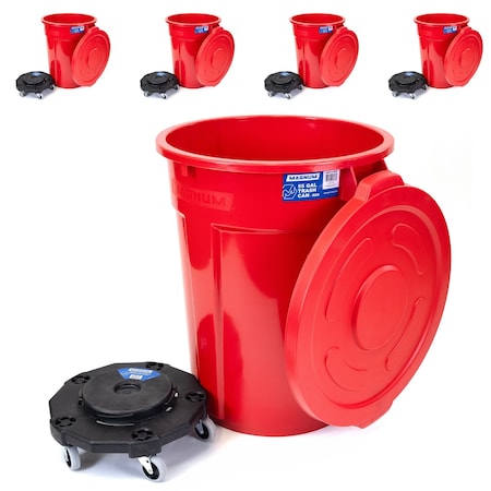 Magnum Tool Red 55 Gallon Trash Can Set (Trash Can, Quiet Dolly, and Reinforced Lid) (5 Set) CMTC-CLD0-55R05