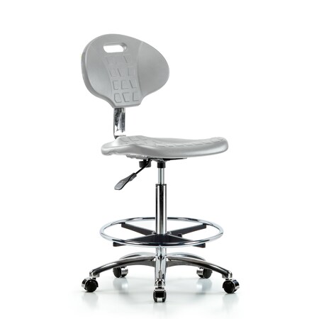 Blue Ridge Ergonomics Class 10  Poly Clean Room Chair - High Bench Height with Chrome Foot Ring & Casters in Gray Poly CLR-TPHBCH-CR-A0-CF-CC-GRY