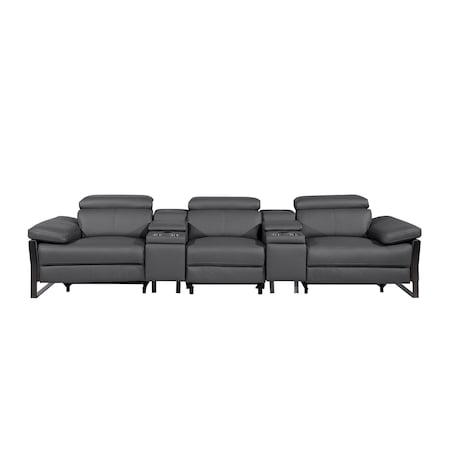 Homeroots 129" Dark Gray Top Grain Leather Reclining Metal USB Sofa 720340