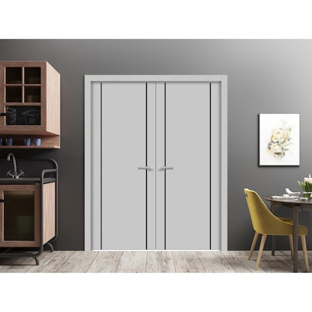 Sartodoors Solid French Double Doors, Planum 0017 Matte Grey and Aluminum Strips, Wood Solid Panel Frame Trims PLANUM0017DD-GRE-7296