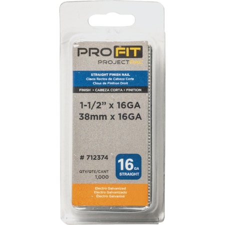 Pro-Fit 1-1/2'' 16 Gauge Electro Galvanized Straight Finish Nail, 1000 Ct. 712374
