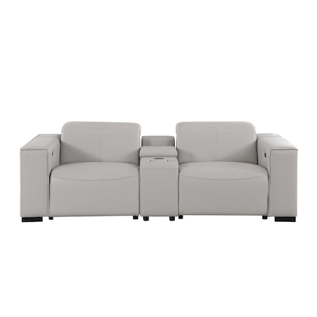 Homeroots 93in Light Gray and Brown Leather Power Reclining Loveseat With Storage 720542