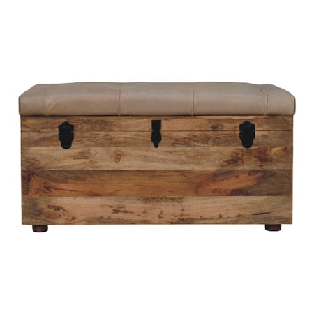 Homeroots 35in Beige and Brown Tufted Genuine Leather and Solid Wood Upholstered Storage Bench With Flip Top 723832