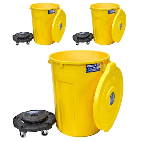 Magnum Tool Yellow 44 Gallon Trash Can Set, Trash Can, Quiet Dolly, and Reinforced Lid, 3 Set CMTC-CLD0-44Y03