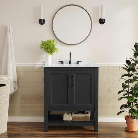 Flash Furniture Vega 30in. Vanity w/Sink, Storage Cabinet, Marble Counter & Blk Hardware, Blk/Wht FS-VEGA30-BK-HDBLK-GG