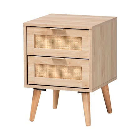 Baxton Studio Baird Mid-Century Modern Light Oak Brown Finished Wood and Rattan 2-Drawer Nightstand 176-11249-Zoro