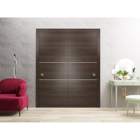 Sartodoors Sliding Closet Bypass Doors, Planum 0110 Chocolate Ash and Aluminum Strips, Sturdy Top Mount Rails PLANUM0110DBD-CA-5684
