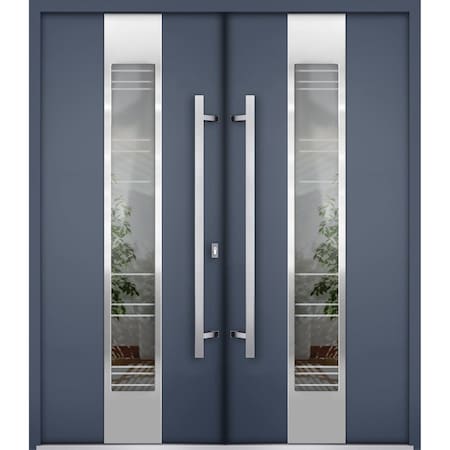 Vdomdoors Steel Double Doors Deux 5755 Gray Graphite Stainless Inserts Single Modern Painted DEUX5755DEXD-GRE-RH-W72 x H80