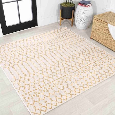 Jonathan Y Ourika Moroccan Geometric Textured Weave Cream/Yellow 5 ft Square Indoor/Outdoor Area Rug SMB108J-5SQ