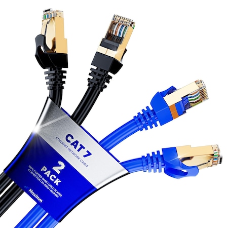 Maximm 20ft Flat Cat7 SFTP Shielded Ethernet Cable, 2PK, Black/Blue, 2PK CAT720FT-BLACKBLUE-2PK