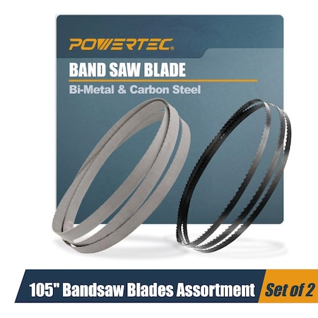 Powertec 105" Bi-Metal and Carbon Steel Band Saw Blades Assortment, Delta 14 in. Bandsaw w/ Riser Block 13714