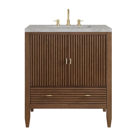 James Martin Vanities Myrrin 30" Single Vanity, Mid-Century Walnut w/ 3 CM Victorian Silver Silestone Top 485-V30-WLT-3VSL