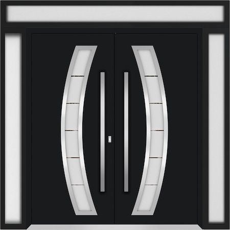 Vdomdoors Metal Double Doors Deux 6500 Black Enamel Frosted Glass 2 Sidelights and Top Transom Entry Modern P DEUX6500DEXD-BLK-W16+72+16xH96+14-RH-I