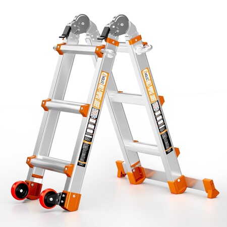 Wrightmaster 11 ft. Aluminum Multi-Position Ladder w/ Wheels and Stabilizer Bar, 330 lbs. Load Capacity, Orange ZOR-11FT-OR