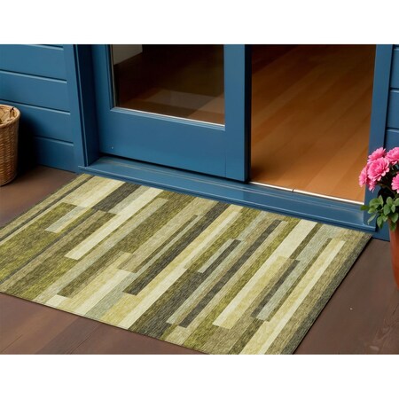 Homeroots 3' X 5' Olive Green Ivory And Beige Striped Washable Indoor Outdoor Area Rug 613302