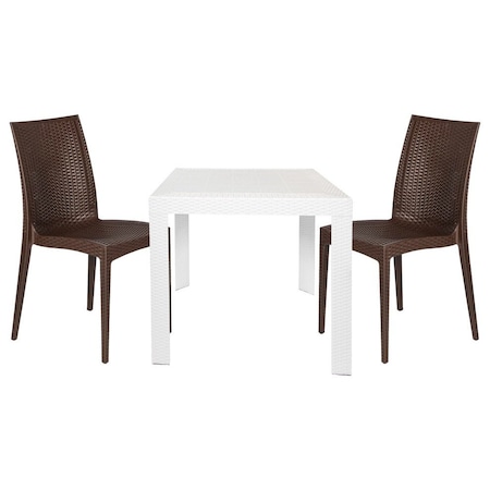Leisuremod Mace 3-Piece Outdoor Dining Set, Plastic Square Table & 2 Stackable Chairs, White/Brown MT31WC19BR2