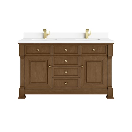 James Martin Vanities Brookfield 60 in Double Vanity, Honey Oak w/ Single Hole 3 CM White Zeus Silestone Top & Backsplash 547-V60D-HNO-1WZ