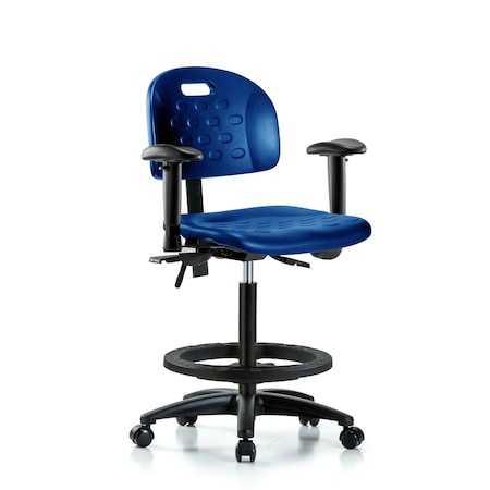 Blue Ridge Ergonomics Poly Chair, High Bench, Arms, Foot Ring, Casters, Blue BR-HPHBCH-RG-T0-A1-BF-RC-BLU